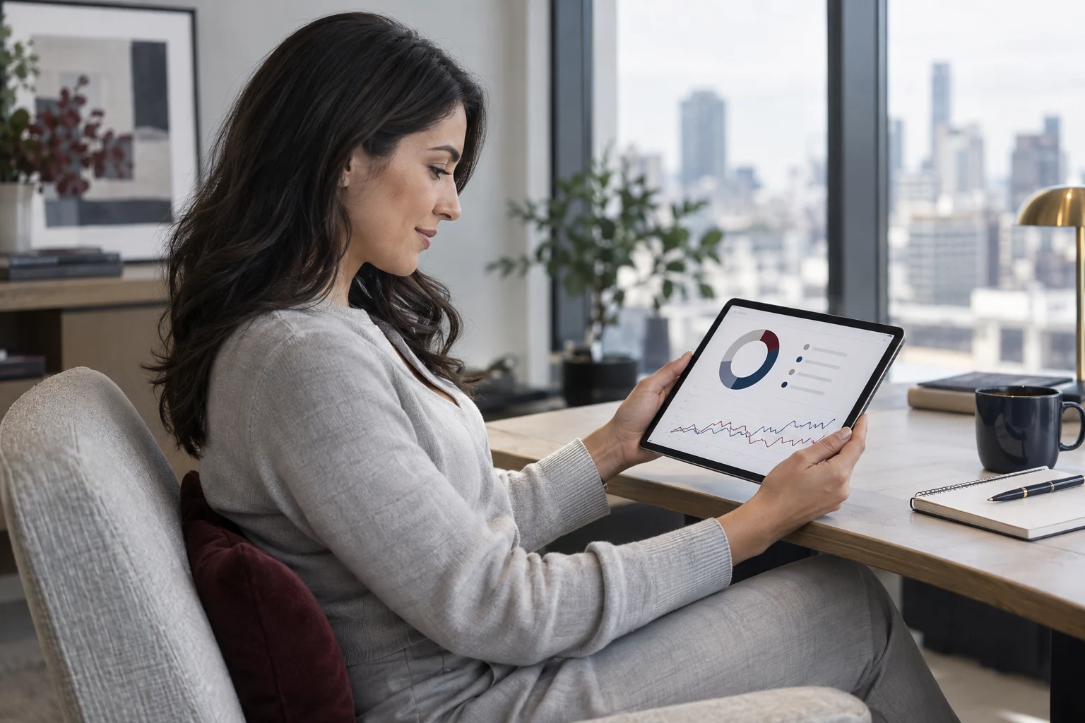An investor reviewing an allocation chart on a tablet