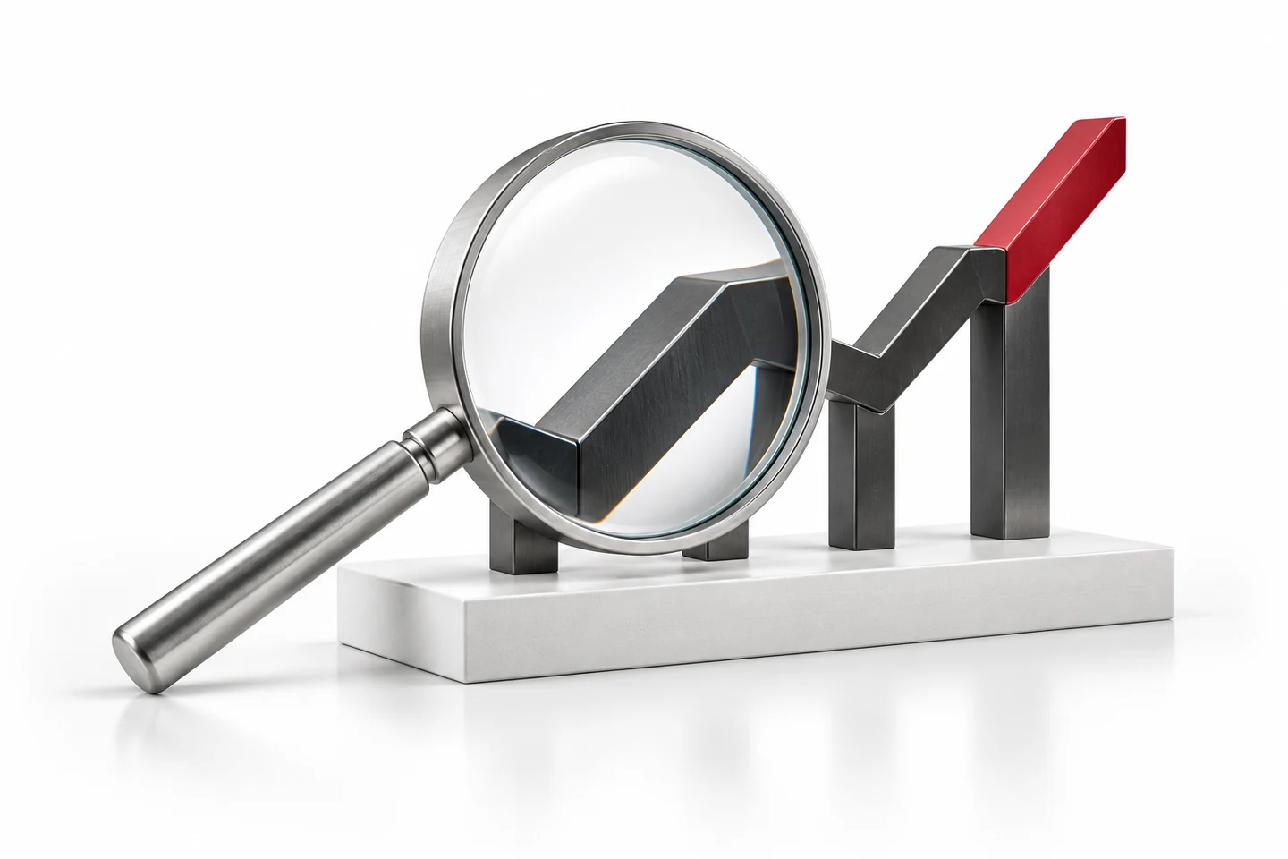 A magnifying lens and ascending market columns