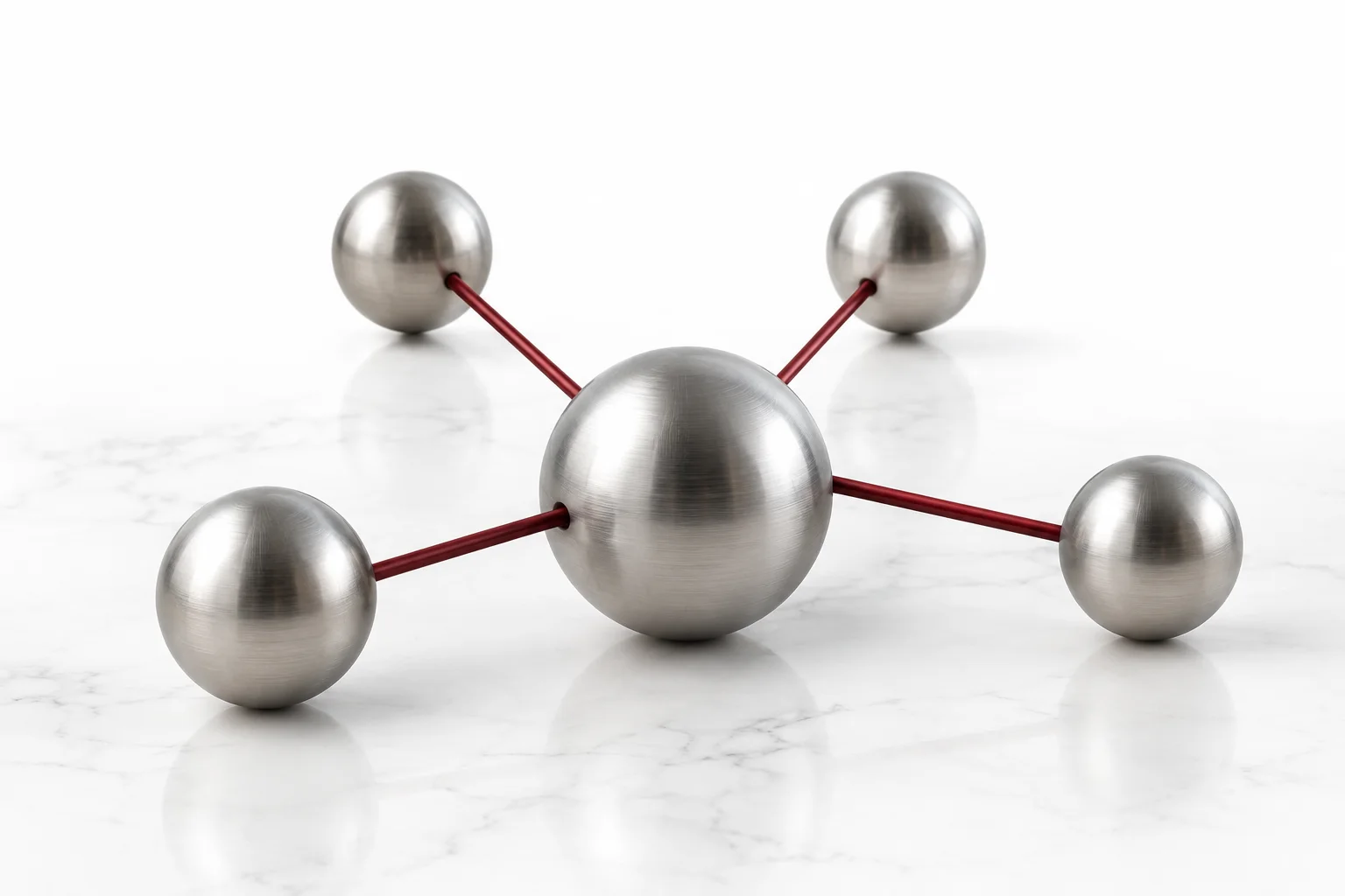 A network of silver spheres connected by red links