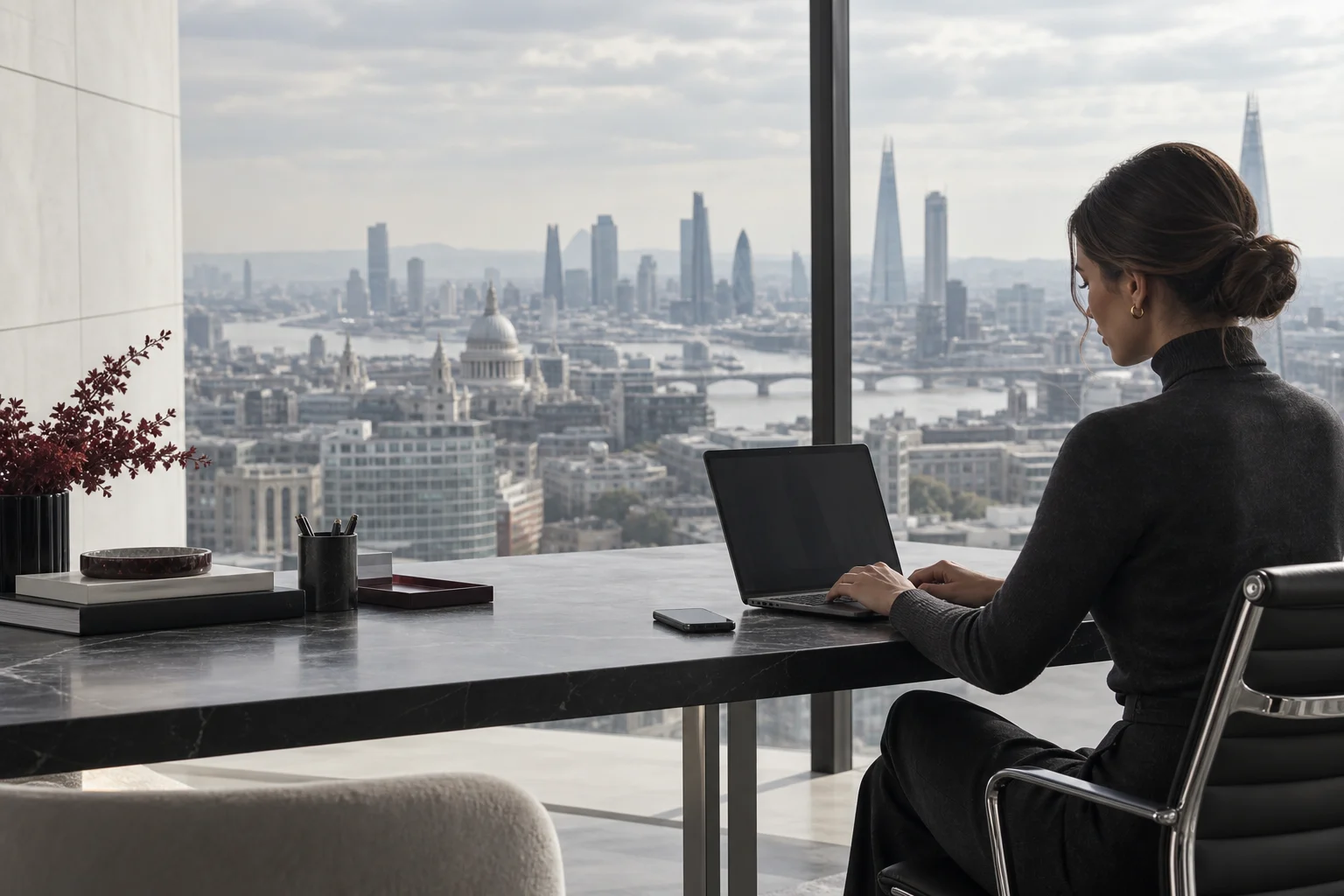 A trader working beside a city skyline